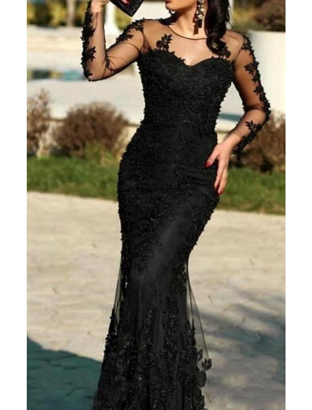 Black Mermaid Dress Plus Size Elegant Wedding Guest Formal Evening Dress Illusion Neck Long Sleeve Sweep / Brush Train with Insert Appliques
