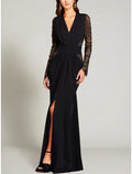 Mother of the Bride Dress Wedding Guest Elegant V Neck Floor Length Long Sleeve with Split Front Ruching