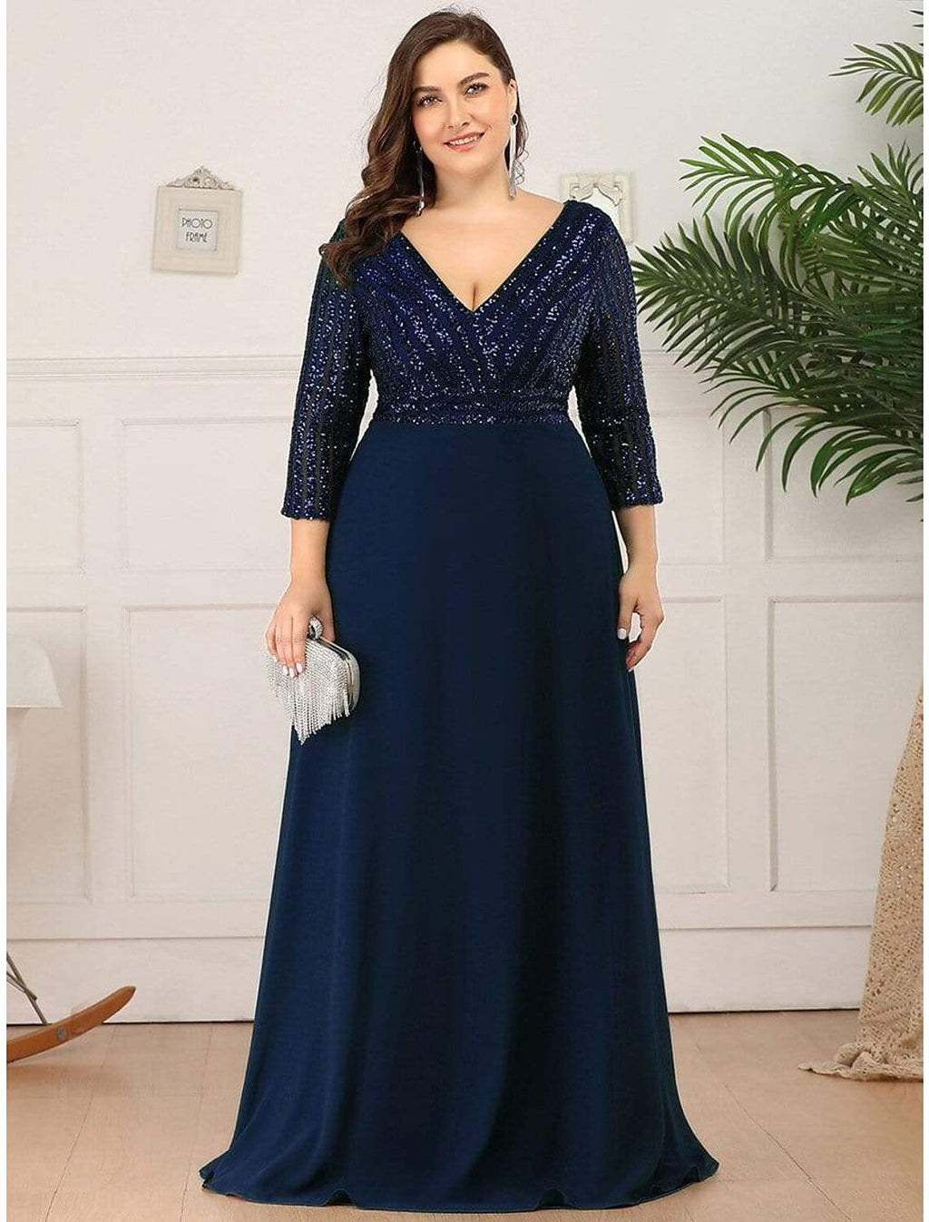Evening Gown Plus Size Dress Wedding Guest Floor Length Length Sleeve V Neck V Back