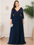 Evening Gown Plus Size Dress Wedding Guest Floor Length Length Sleeve V Neck V Back