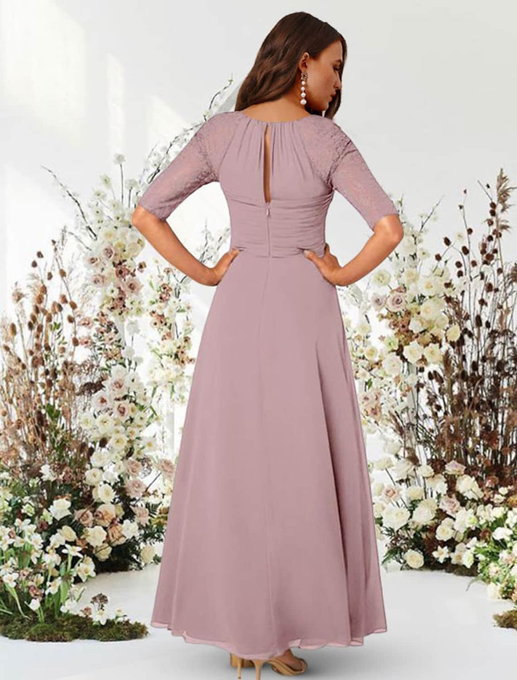 Evening Gown Elegant Dress Wedding Guest Floor Length Half Sleeve Jewel Neck with Pleats Ruched