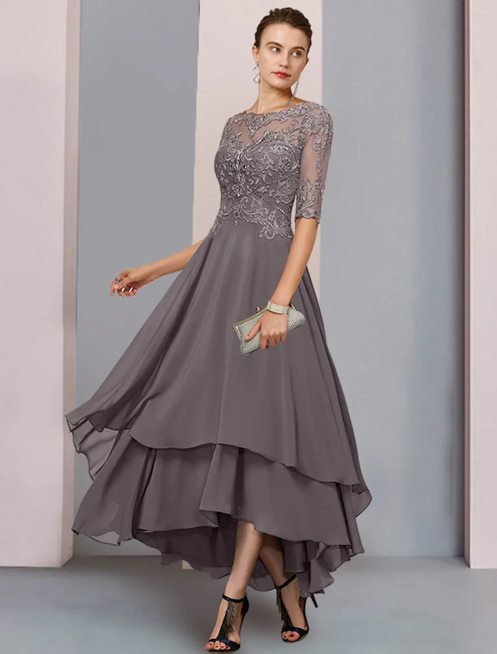 Mother of the Bride Dress Formal Wedding Guest Elegant Scoop Neck Asymmetrical Tea Length 3/4 Length Sleeve with Beading Tier Appliques