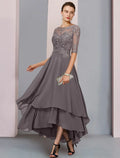 Mother of the Bride Dress Formal Wedding Guest Elegant Scoop Neck Asymmetrical Tea Length 3/4 Length Sleeve with Beading Tier Appliques
