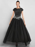 Black Ball Gown Little Dress Dress Prom Formal Evening Ankle Length Short Sleeve Jewel Neck Taffeta with Appliques Side Draping