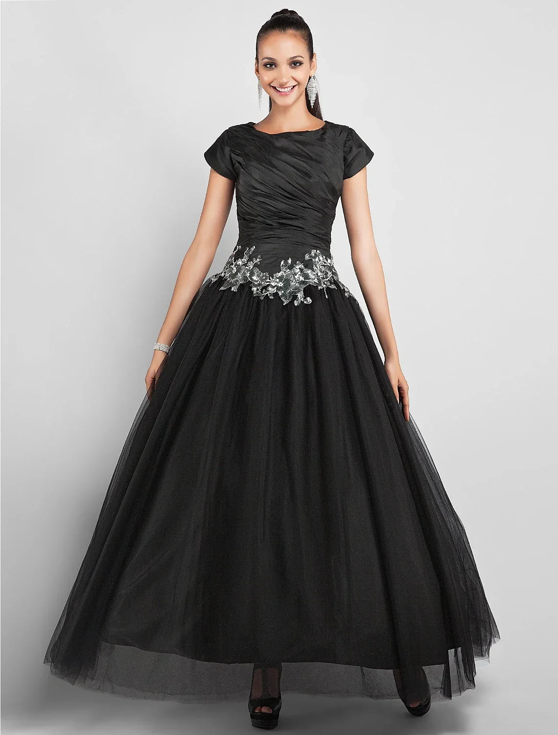 Black Ball Gown Little Dress Dress Prom Formal Evening Ankle Length Short Sleeve Jewel Neck Taffeta with Appliques Side Draping