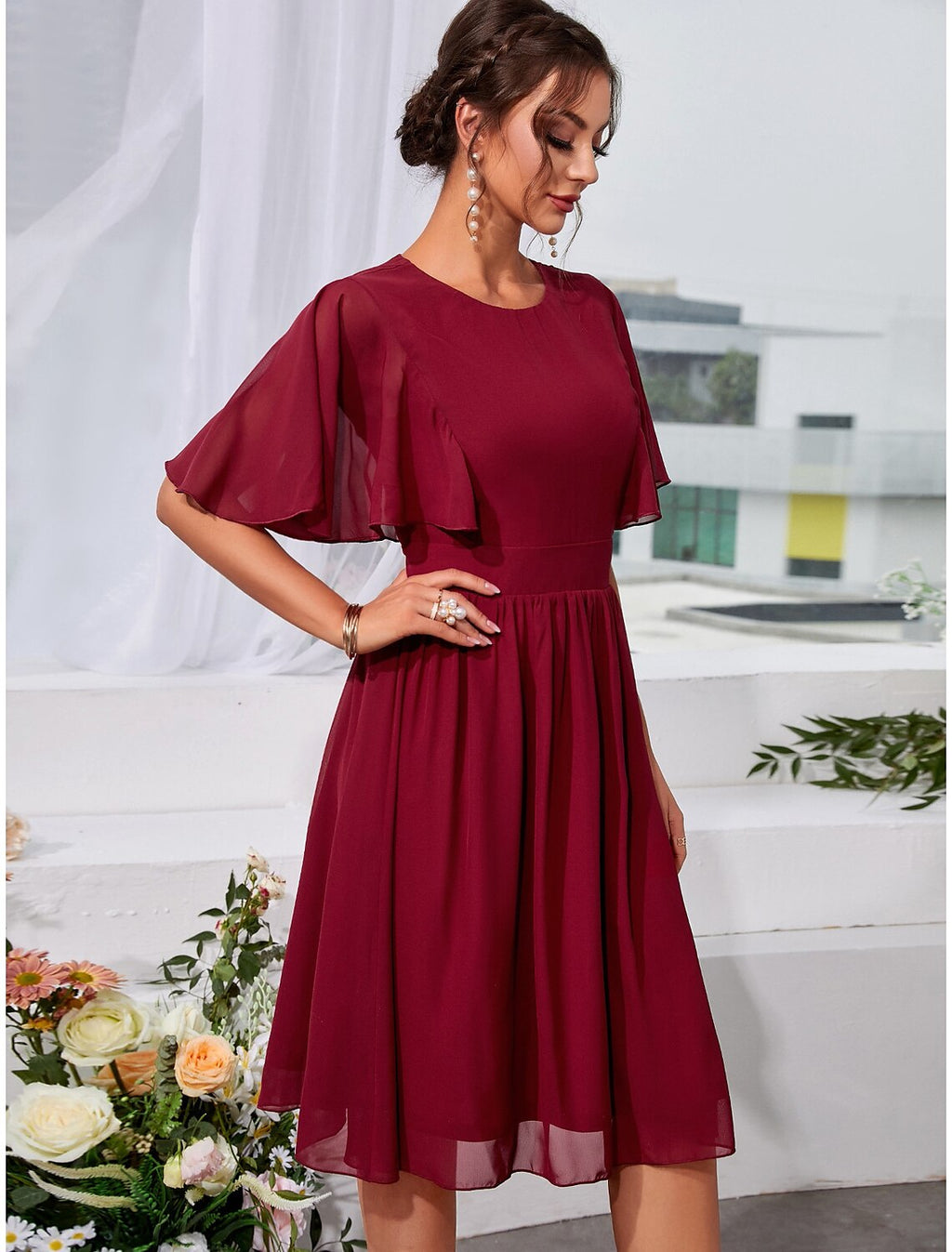 Wedding Guest Dresses Elegant Dress Holiday Graduation Knee Length Short Sleeve Jewel Neck with Pleats Ruffles