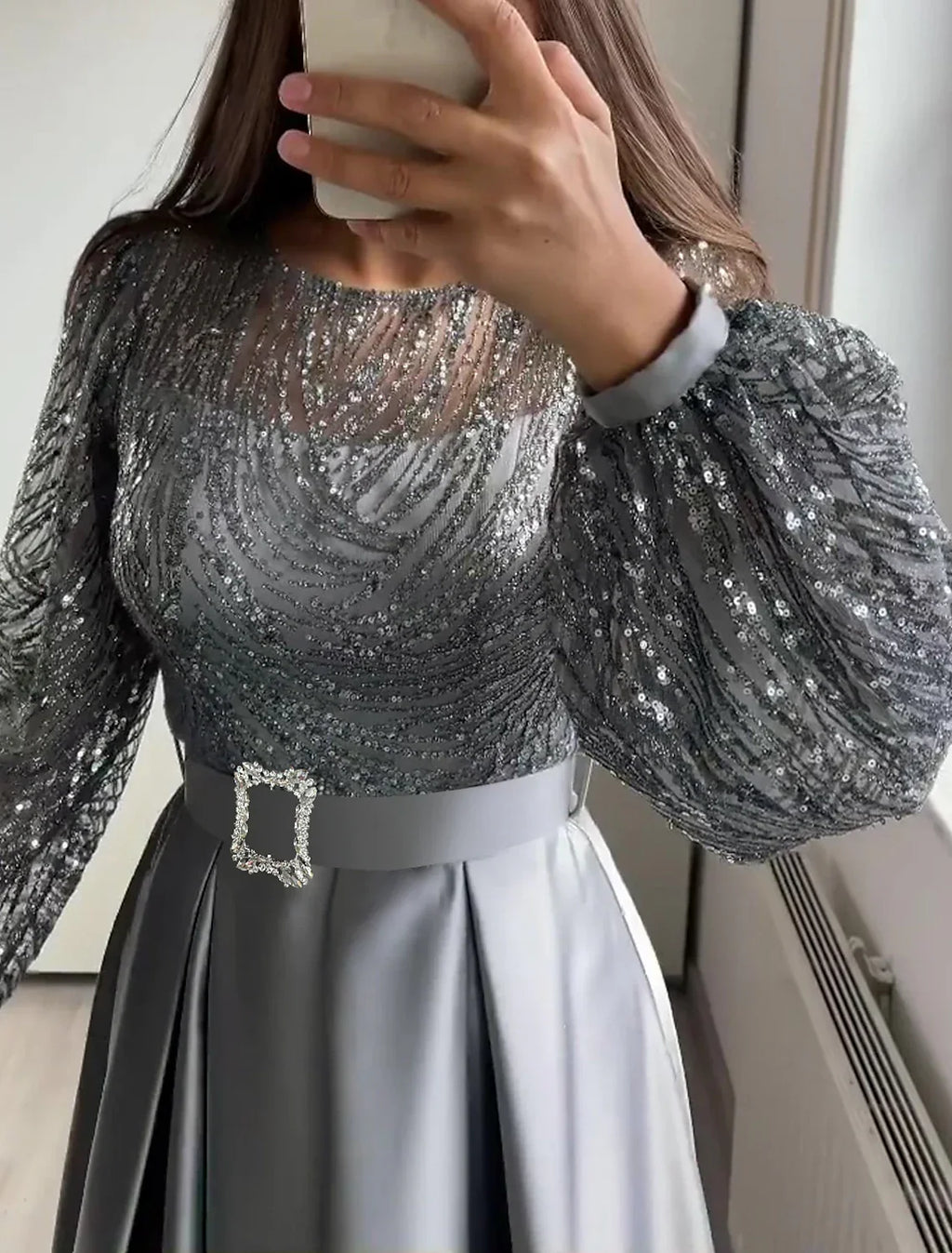 Black Evening Gown Glittering Dress Wedding Tie Floor Length Long Sleeve Jewel Neck Fall Wedding Guest