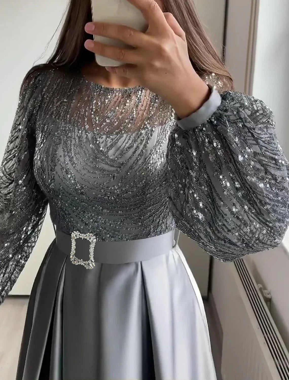 Black Evening Gown Glittering Dress Wedding Tie Floor Length Long Sleeve Jewel Neck Fall Wedding Guest