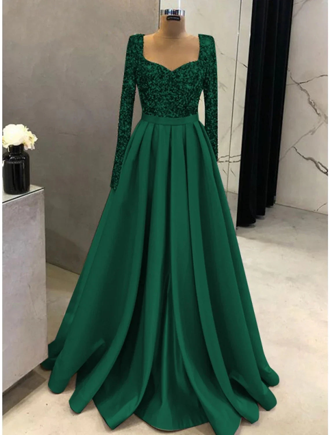 Evening Gown Elegant Dress Formal Fall Sweep / Brush Train Long Sleeve Square Neck with Glitter Pleats