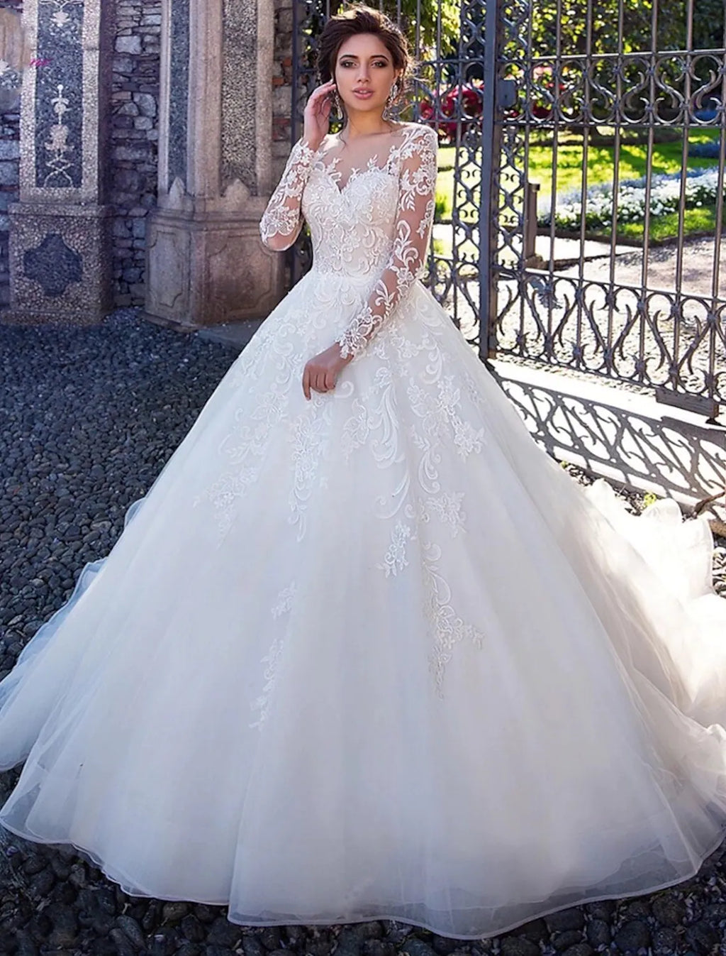 Engagement Formal Wedding Dresses Ball Gown Long Sleeve Appliques