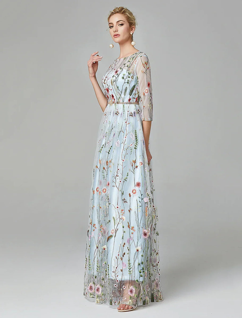 Evening Gown Elegant Dress Floor Length Sleeve with Embroidery