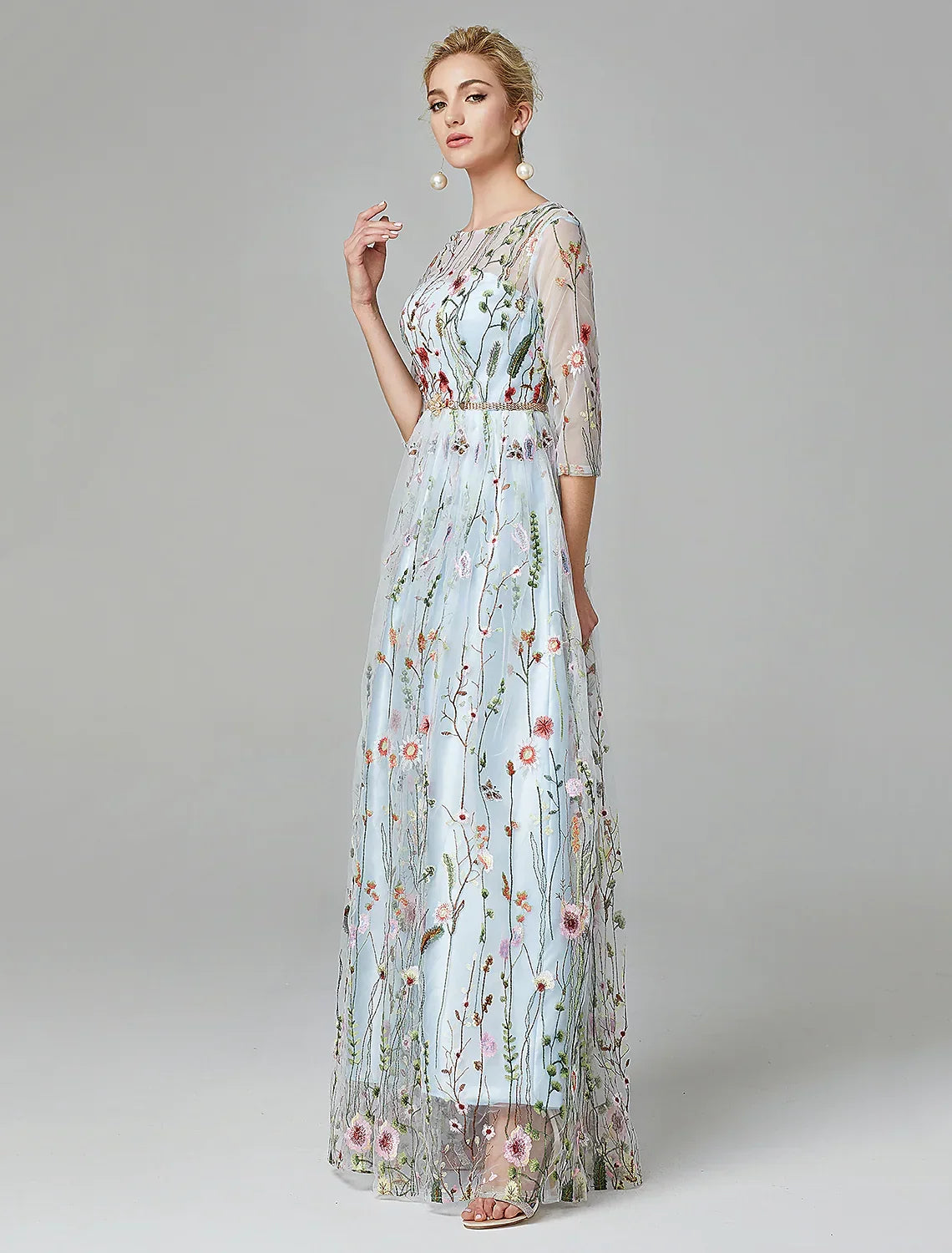 Evening Gown Elegant Dress Floor Length Sleeve with Embroidery