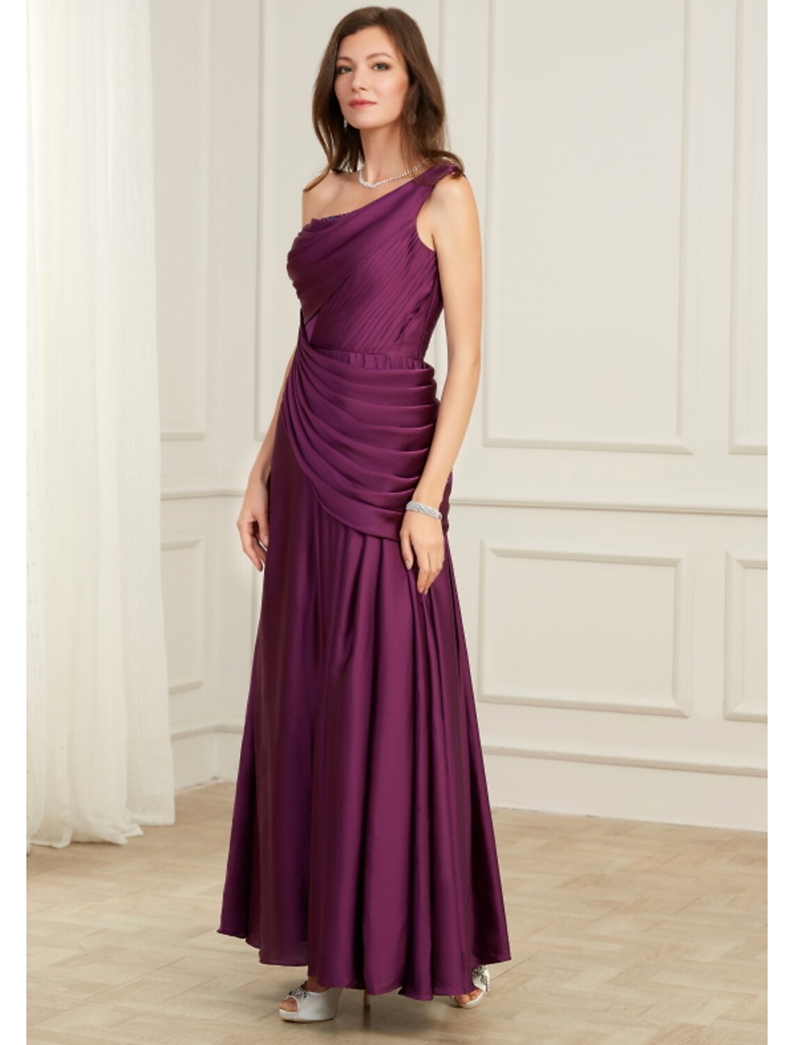 Evening Gown Elegant Dress Wedding Floor Length Sleeveless One Shoulder with Pleats Ruched