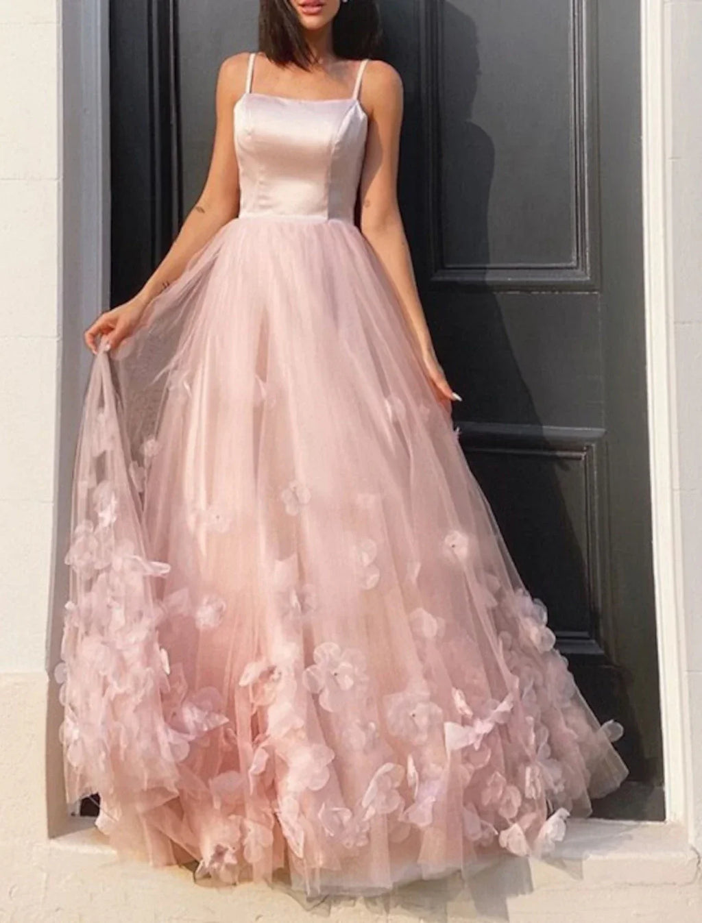 Floral Dress Performance Floor Length Sleeveless Spaghetti Strap with Pleats Appliques