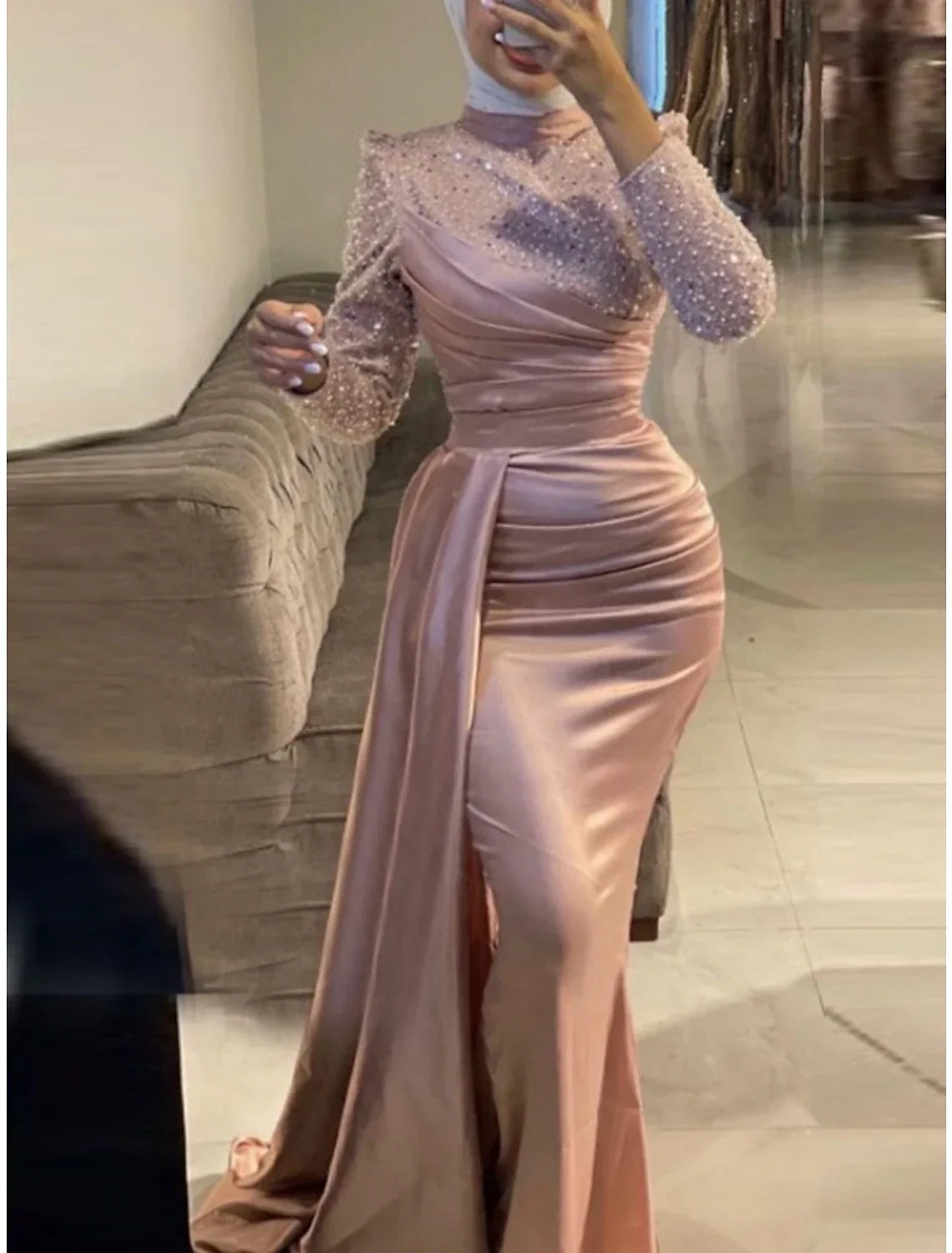 Evening Gown Elegant Dress Formal Sweep / Brush Train Long Sleeve Jewel Neck with Pleats Ruched