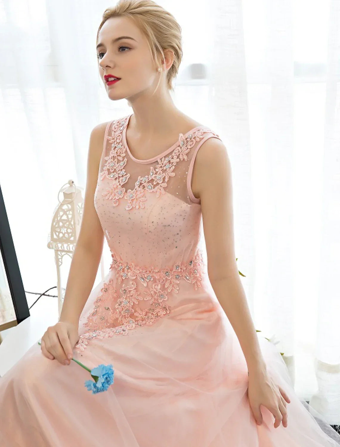 Sheath / Column Dress Wedding Guest Floor Length Sleeveless Illusion Neck with Crystals Appliques