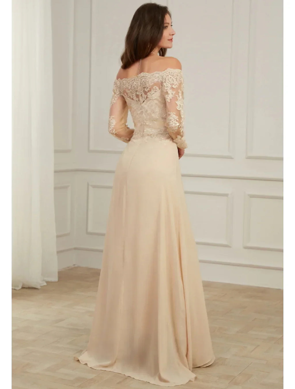 Evening Gown Elegant Dress Wedding Guest Floor Length Long Sleeve Off Shoulder Appliques