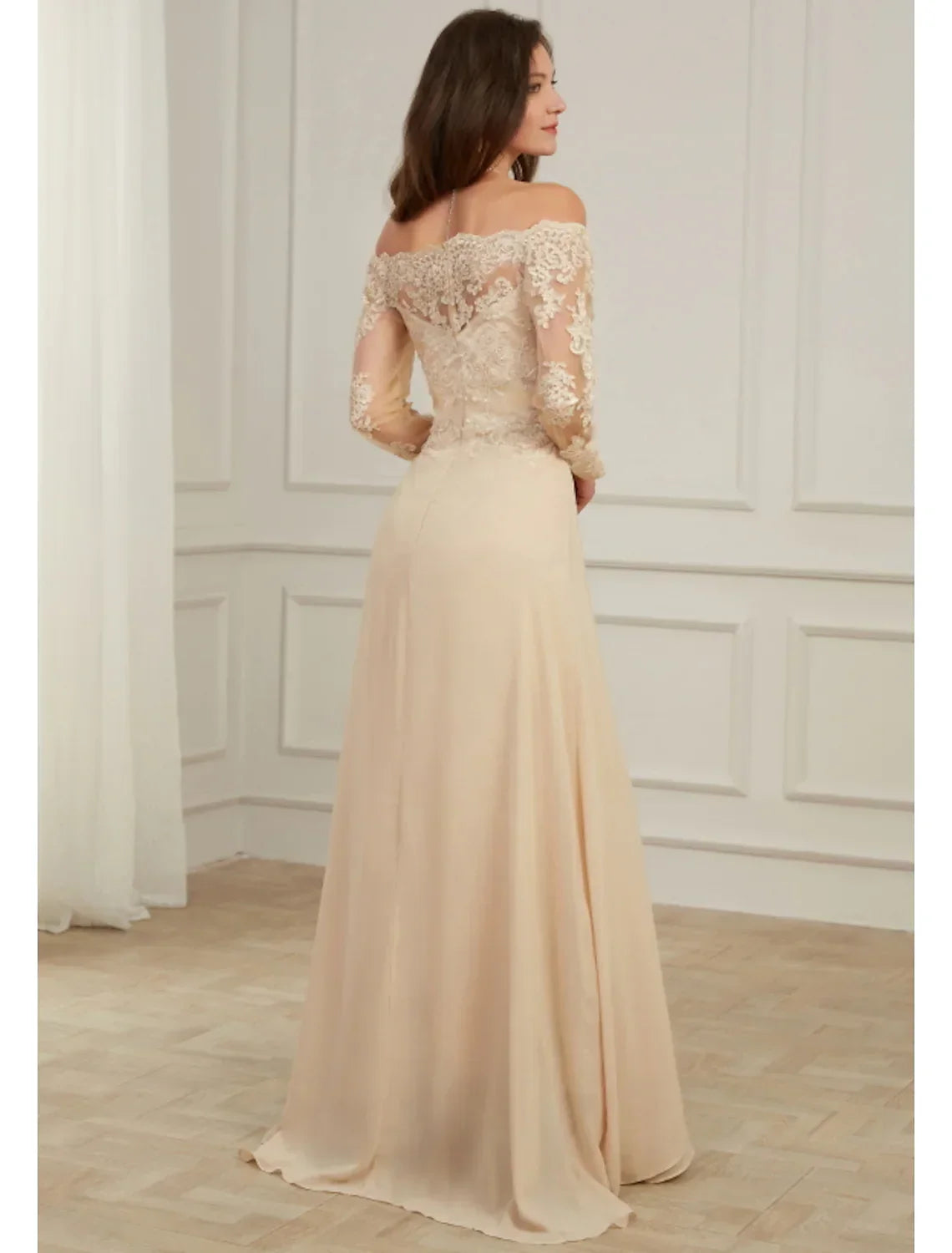 Evening Gown Elegant Dress Wedding Guest Floor Length Long Sleeve Off Shoulder Appliques