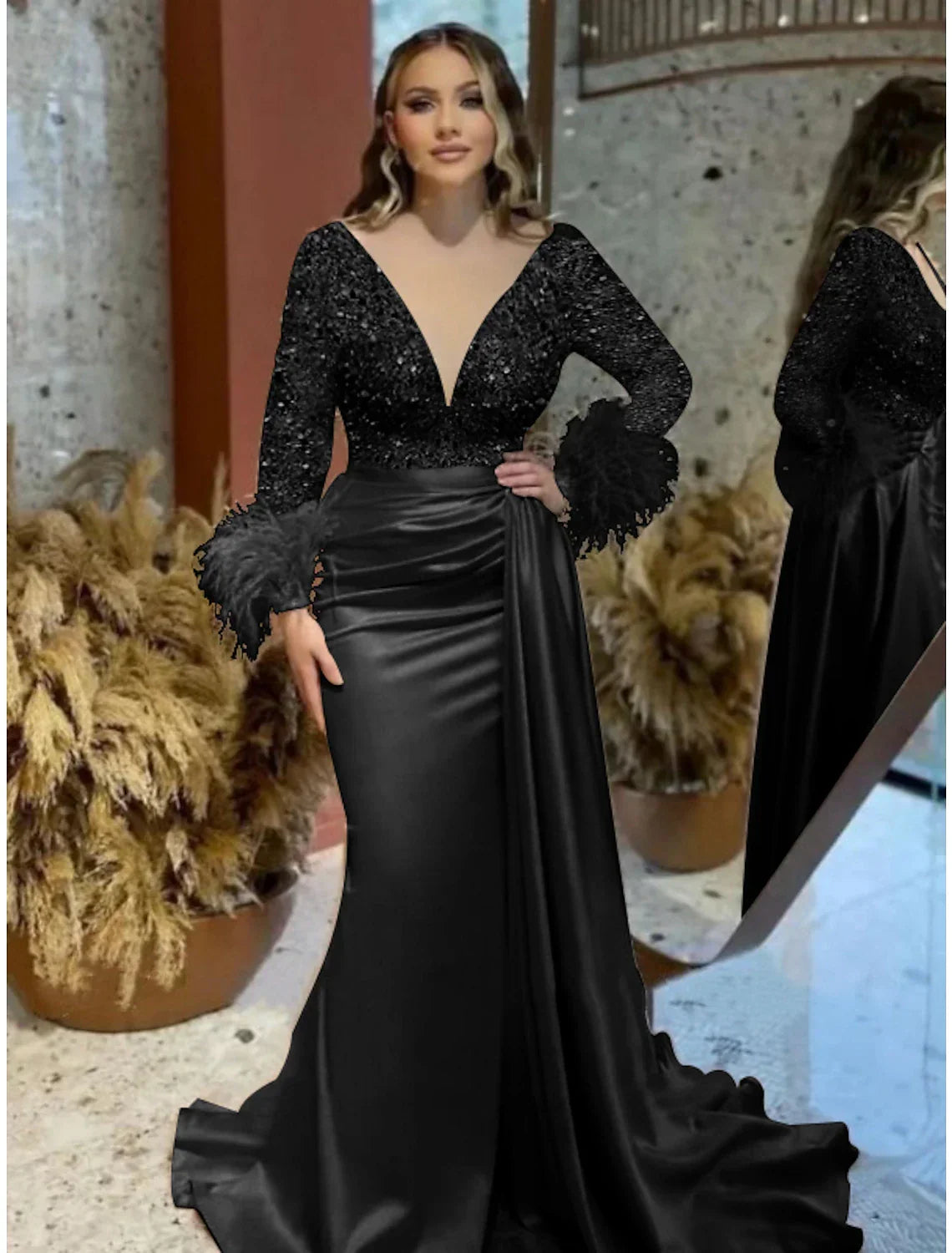 Mermaid Plus Size Dress Champagne Evening Gown Sparkle Dress Walk Through Formal Wedding Court Train Long Sleeve V Neck with Feather Glitter Ruched
