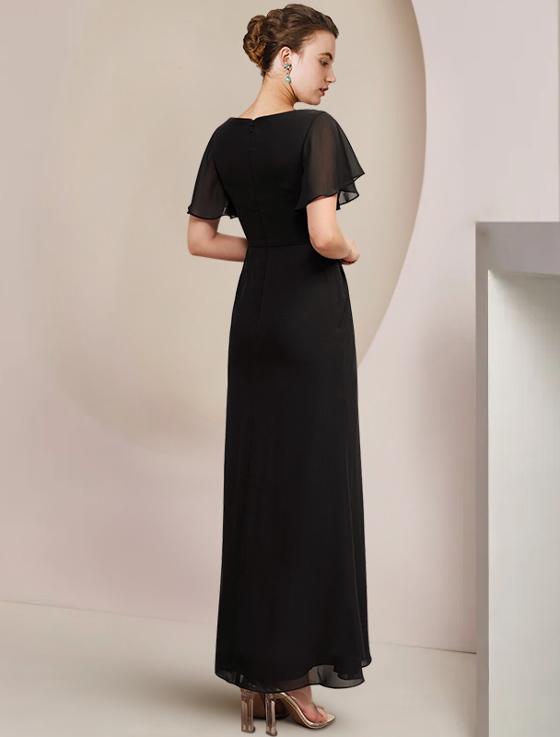 Sheath / Column Mother of the Bride Dress Wedding Guest Elegant Scoop Neck Ankle Length Short Sleeve with Crystal Brooch Side-Draped