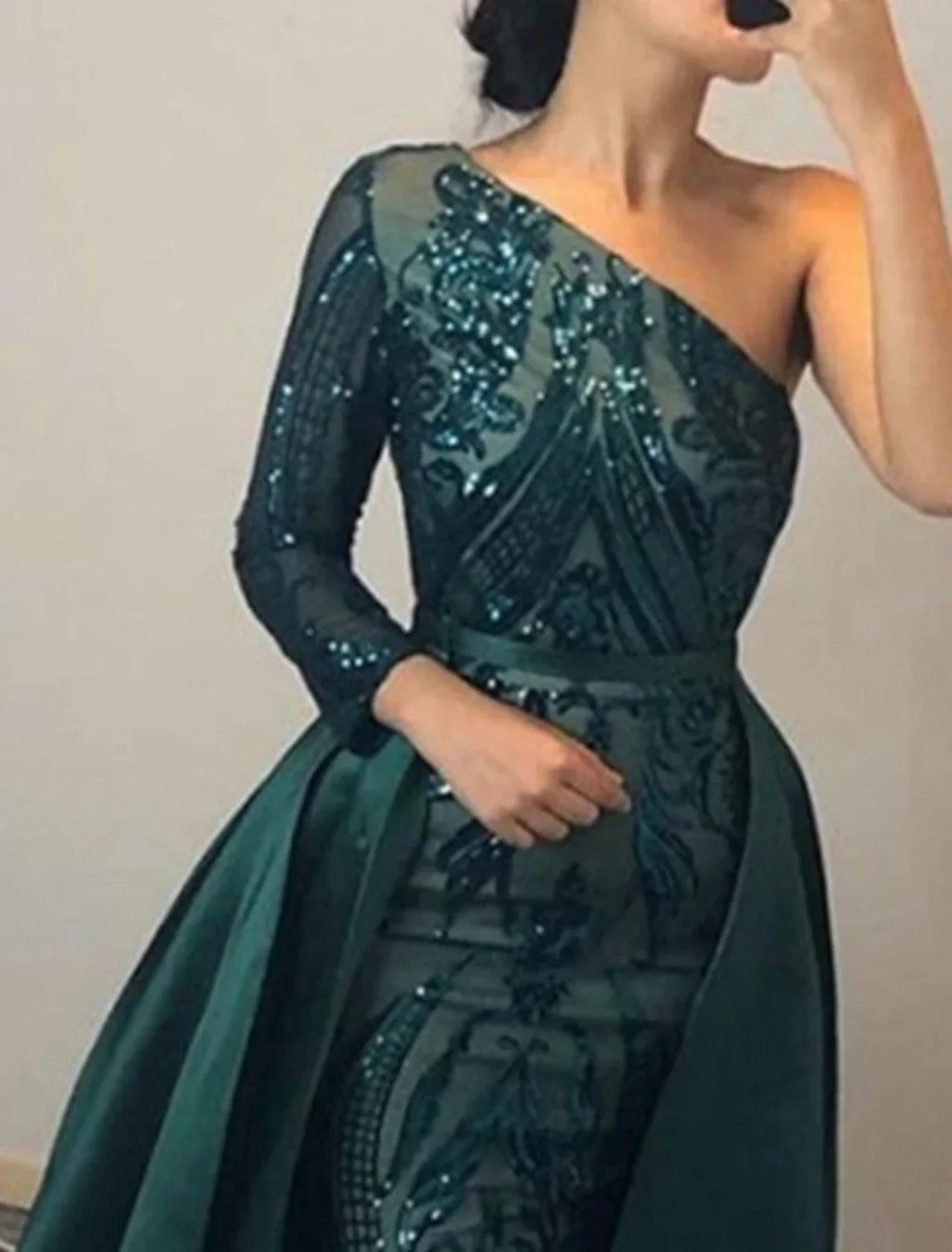 Mermaid / Trumpet Evening Gown Elegant Dress Formal Wedding Court Train Long Sleeve One Shoulder Detachable