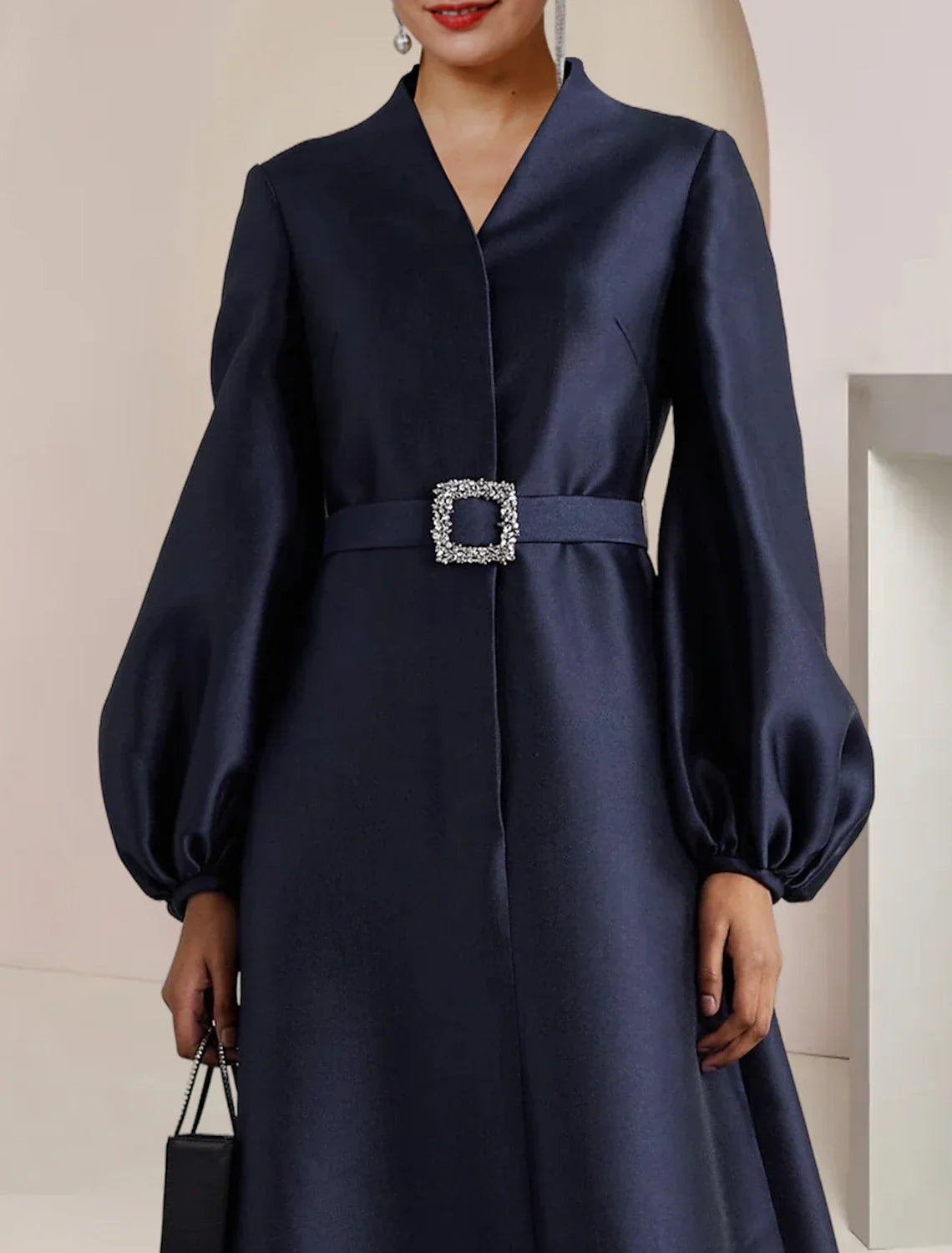 Mother of the Bride Dress Wedding Guest Party Elegant V Neck Floor Length Long Sleeve with Pearls Crystal Brooch