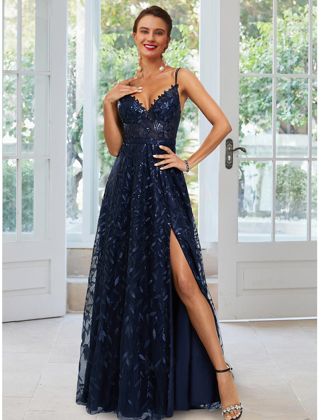 Evening Gown Floral Dress Formal Floor Length Sleeveless Spaghetti Strap with Slit Appliques