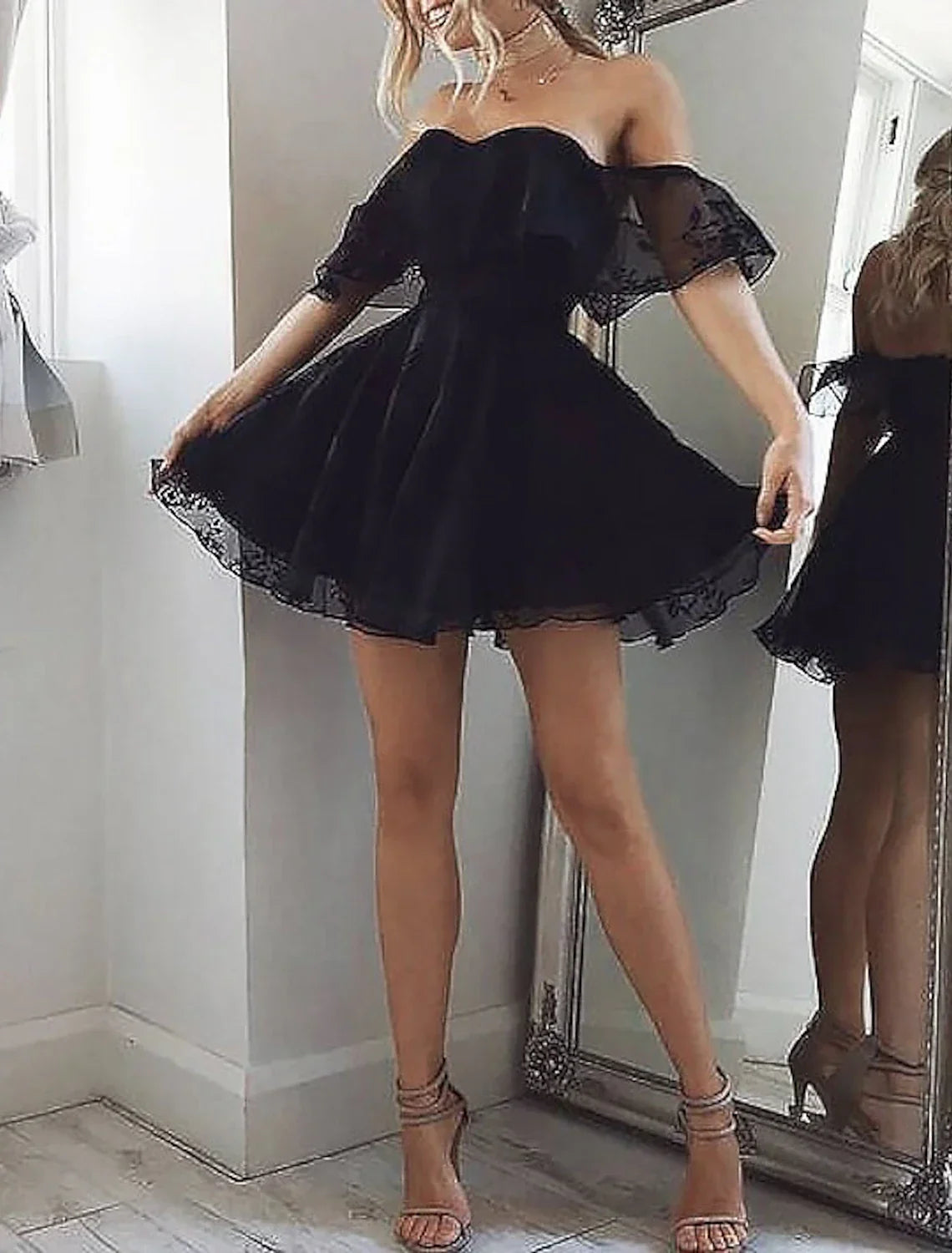 Black Homecoming Dresses Little Dress Dress Holiday Graduation Short / Mini Sleeveless Off Shoulder with Appliques