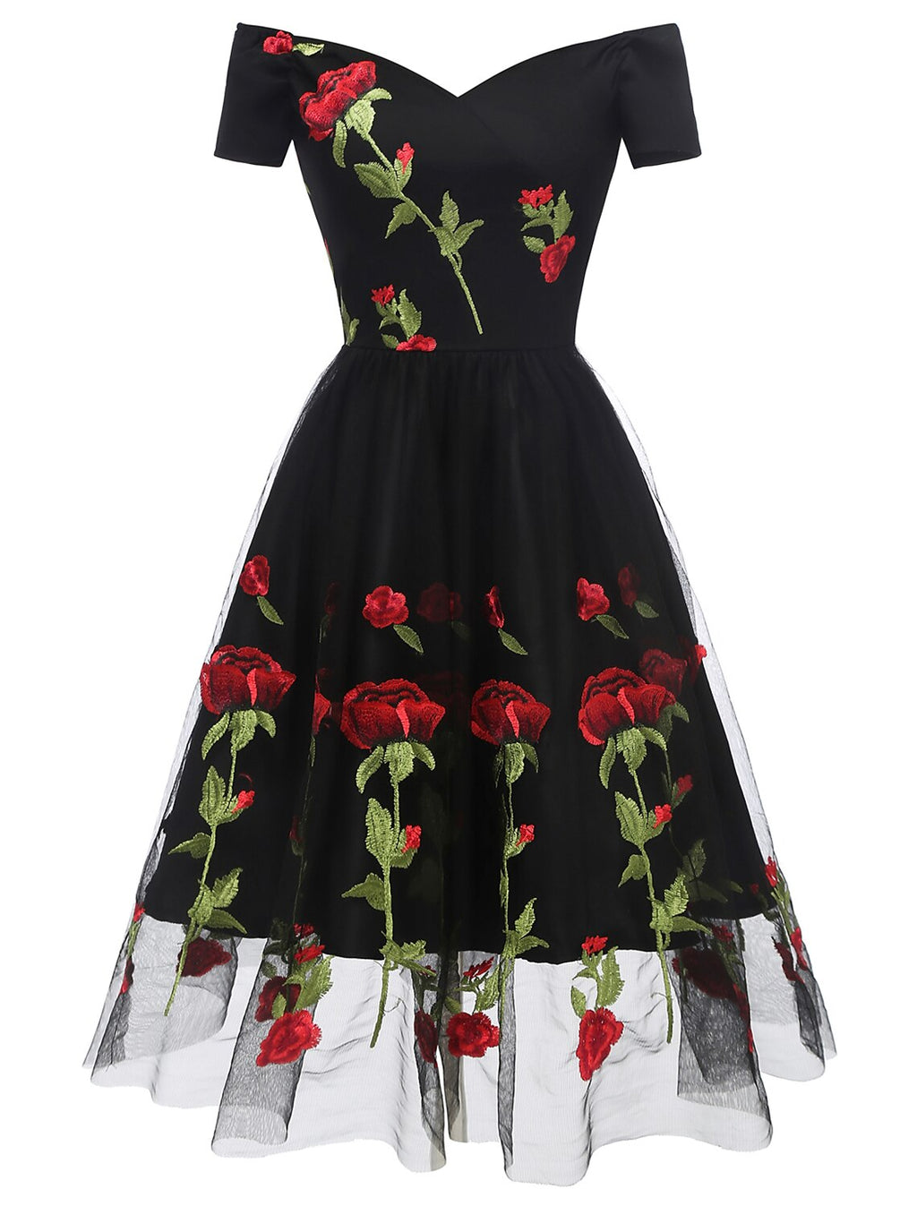 Cocktail Dresses Party Dress Holiday Wedding Guest Knee Length Short Sleeve Off Shoulder with Embroidery Appliques