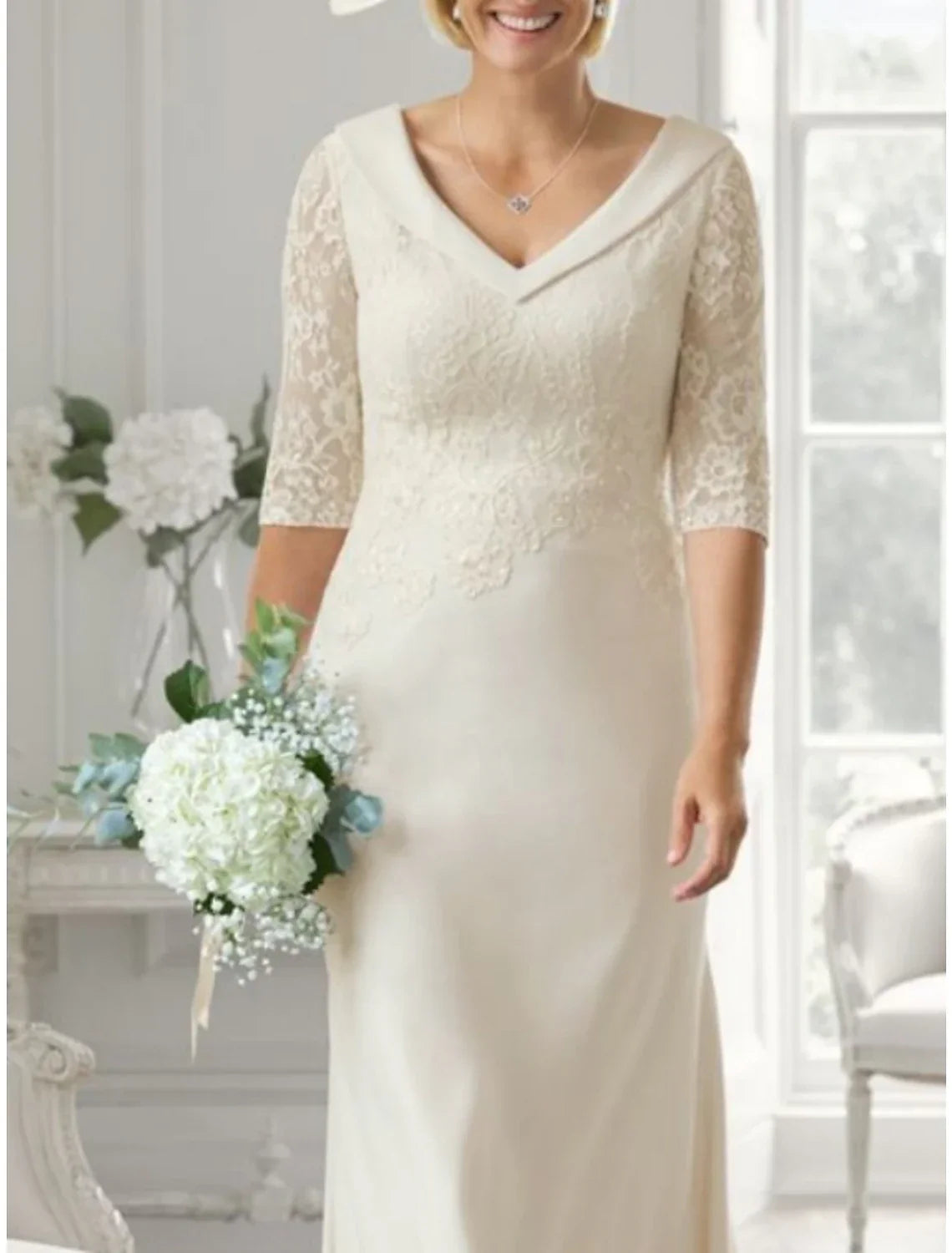 White Sheath / Column Mother of the Bride Dress Wedding Guest Party Little Dresses V Neck Tea Length Half Sleeve with Solid Color