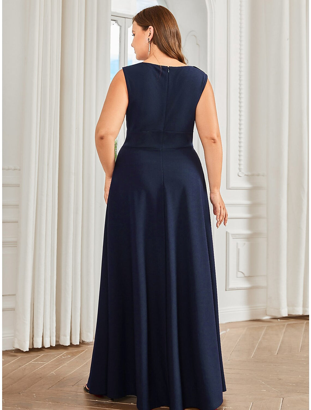 Evening Gown Plus Size Dress Formal Floor Length Sleeveless Jewel Neck with Draping Appliques
