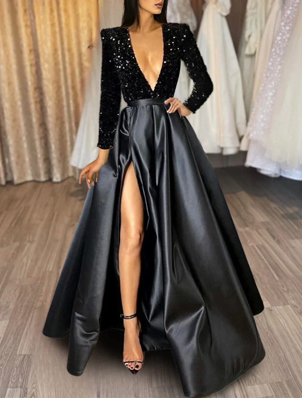 Black Evening Gown Christmas Red Green Dress Formal Dress Plus Size Wedding Court Train Half Sleeve V Neck with Slit