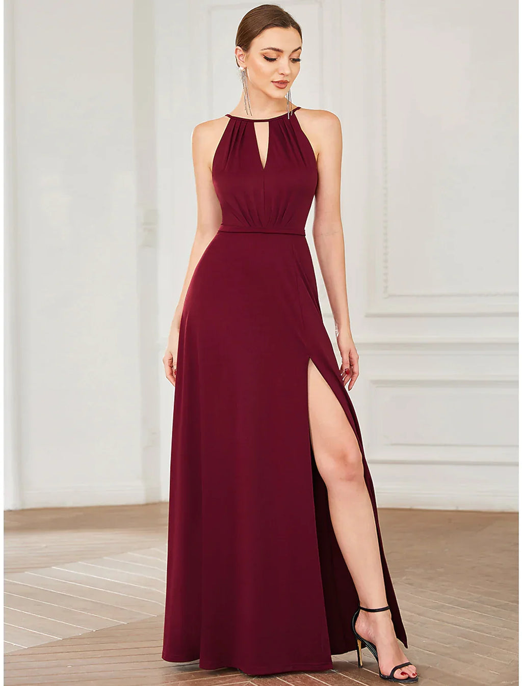 Wedding Guest Floor Length Sleeveless Halter with Draping