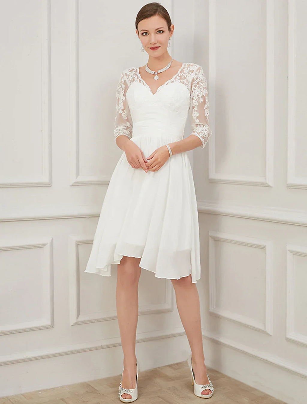 White Bridal Little Dresses Wedding Dresses Knee Length A-Line Half Sleeve V Neck Draping Appliques