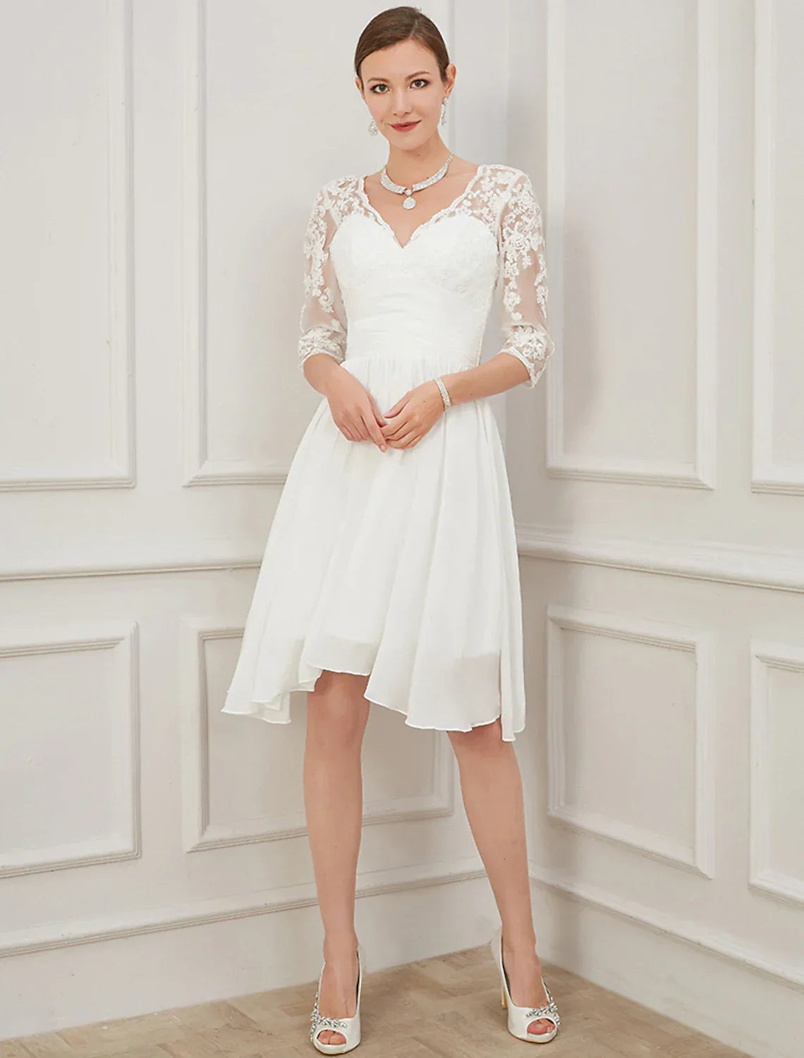 White Bridal Little Dresses Wedding Dresses Knee Length A-Line Half Sleeve V Neck Draping Appliques