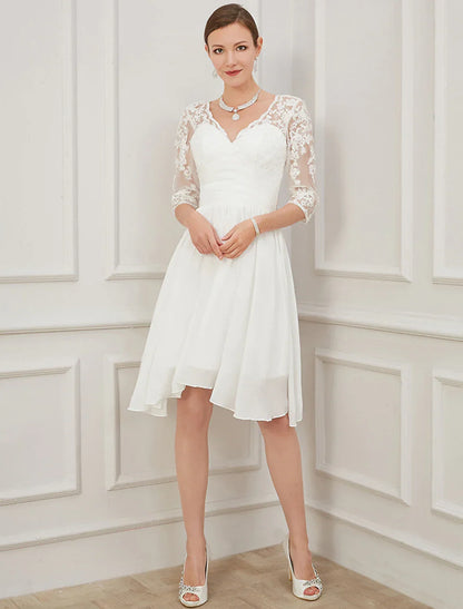 Elegant White A-Line V-Neck Classic-Sleeve Classic-Back Knee-Length Wedding Dress