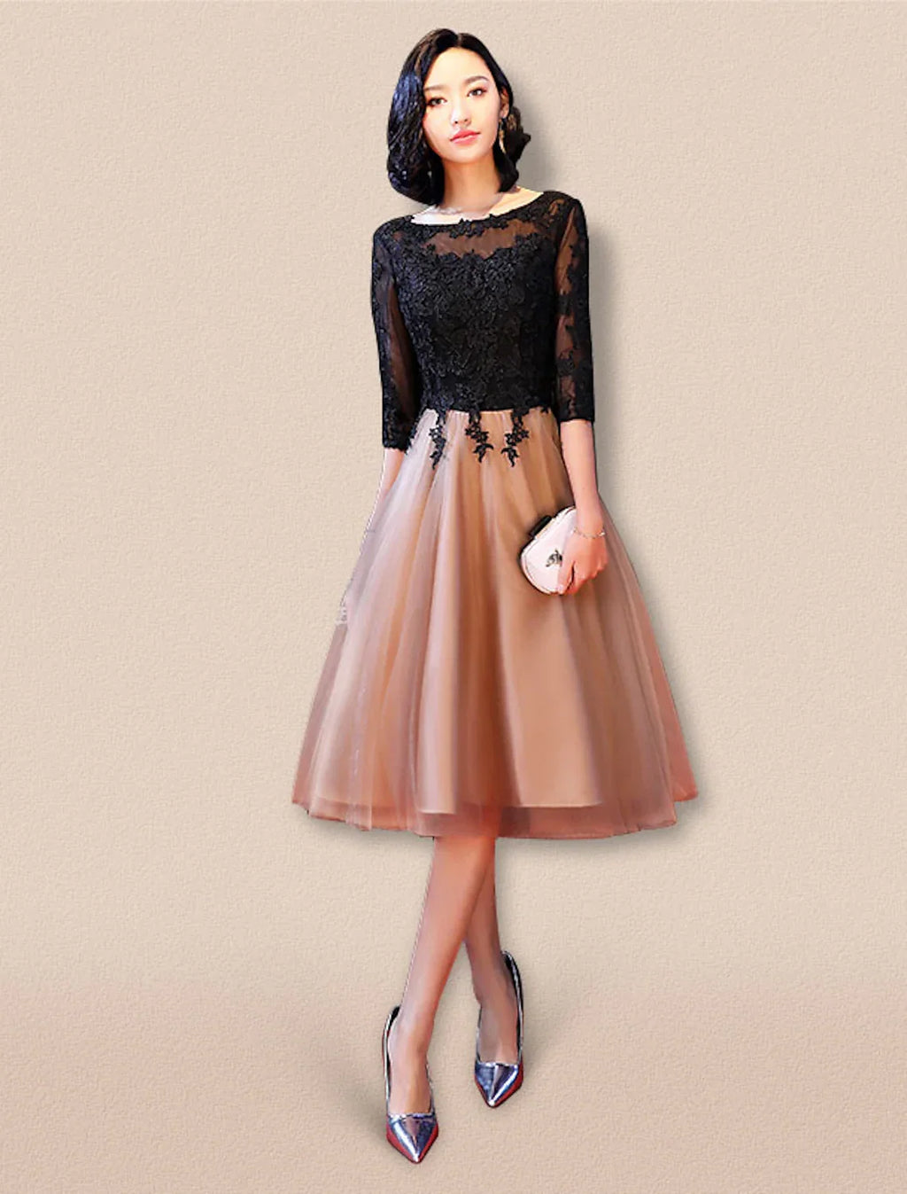 Celebrity Style Wedding Guest Cocktail Party Dress Boat Neck Backless Half Sleeve Knee Length with Insert Appliques