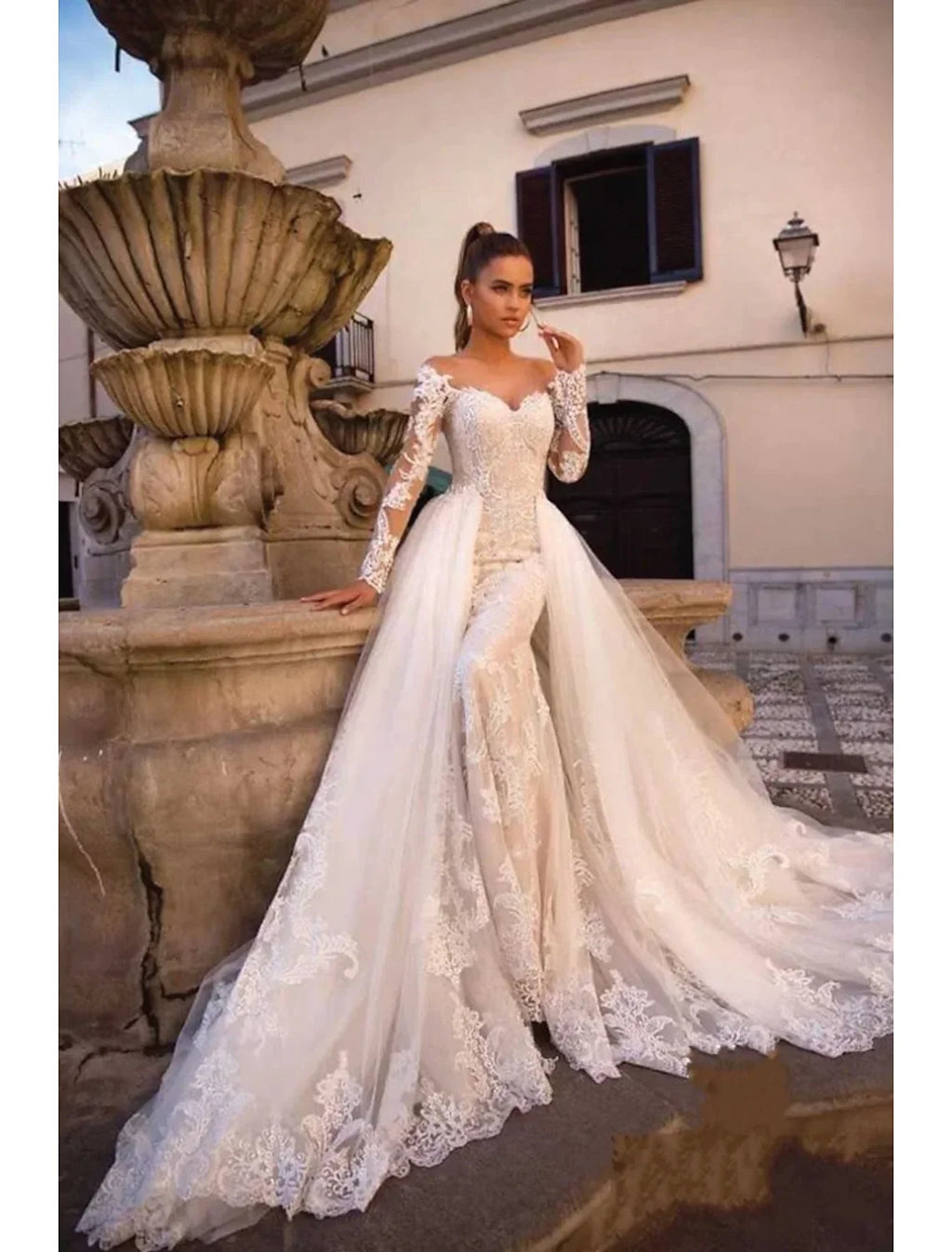 Engagement Open Back Formal Wedding Dresses Two Piece Long Sleeve Appliques