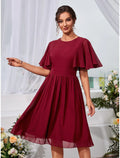 Wedding Guest Dresses Elegant Dress Holiday Graduation Knee Length Short Sleeve Jewel Neck with Pleats Ruffles