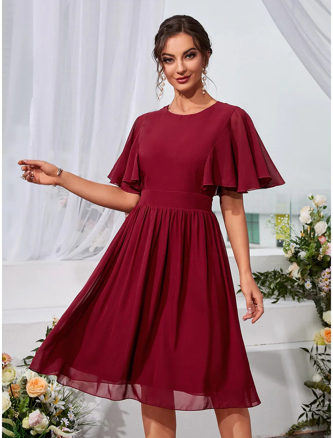 Wedding Guest Dresses Elegant Dress Holiday Graduation Knee Length Short Sleeve Jewel Neck with Pleats Ruffles