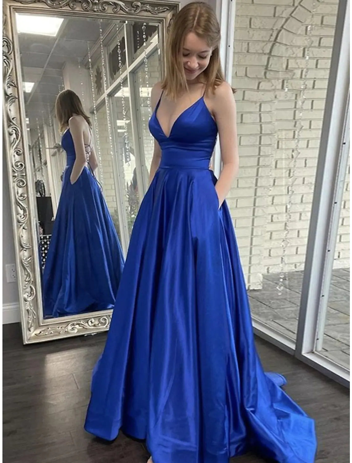 Princess Dress Formal Sweep / Brush Train Sleeveless V Neck Pocket Backless with Pocket