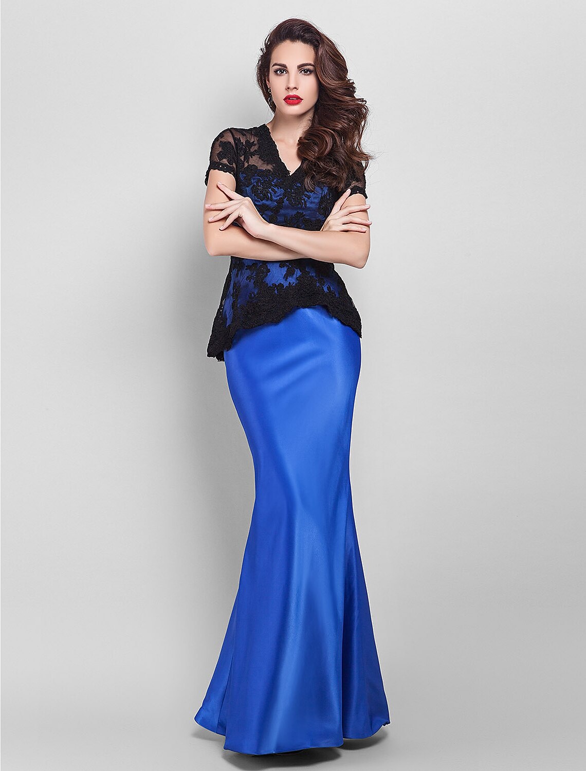 Holiday Cocktail Party Prom Dress V Neck Short Sleeve Floor Length with Appliques