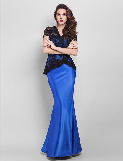 Elegant Red A-Line V-Neck Short-Sleeve Classic-Back Floor-Length Prom Dress