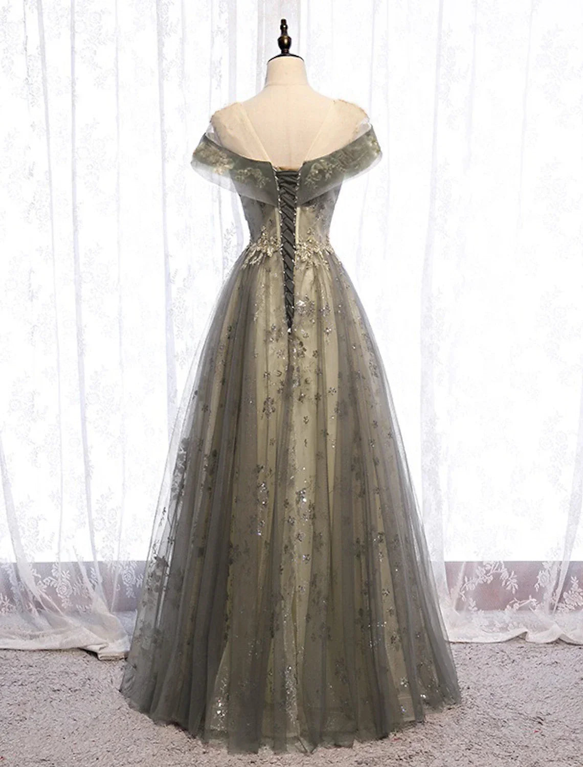 Evening Gown Elegant Dress Wedding Guest Floor Length Short Sleeve Illusion Neck with Pleats