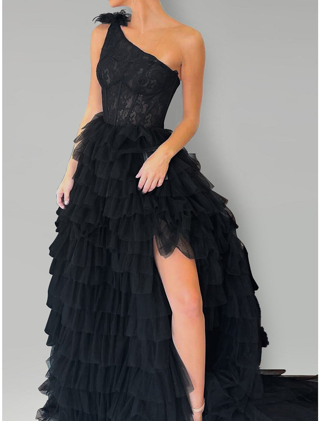 Evening Gown Floral Dress Wedding Party Sweep / Brush Train Sleeveless One Shoulder with Slit Appliques