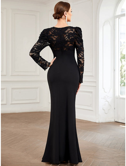 Vintage Red A-Line V-Neck Long-Sleeve Classic-Back Floor-Length Evening Dress