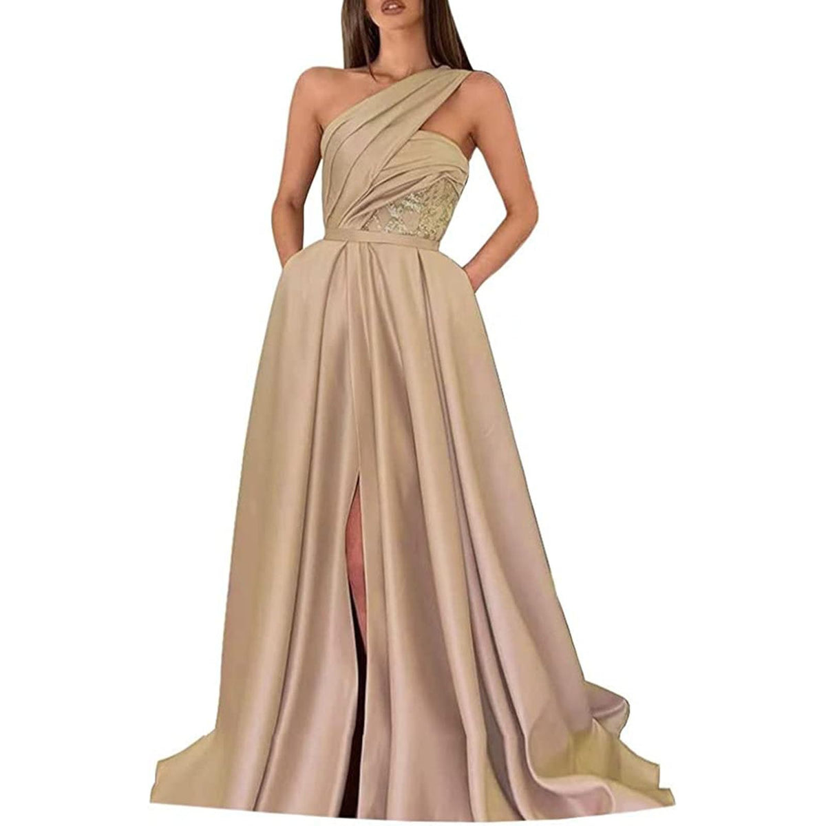 Evening Gown Celebrity Style Dress Formal Floor Length Sleeveless One Shoulder with Ruched Slit