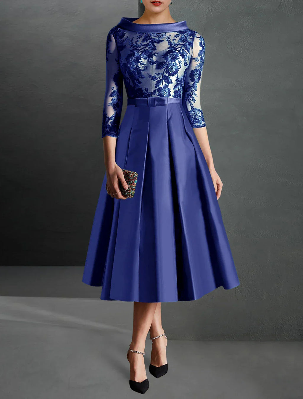 Cocktail Dresses Elegant Dress Formal Kentucky Derby Tea Length 3/4 Length Sleeve Jewel Neck Fall Wedding Guest with Pleats Appliques