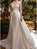 Formal Wedding Dresses A-Line V Neck 3/4 Length Sleeve Court Train Bridal Gowns With Pleats Solid Color