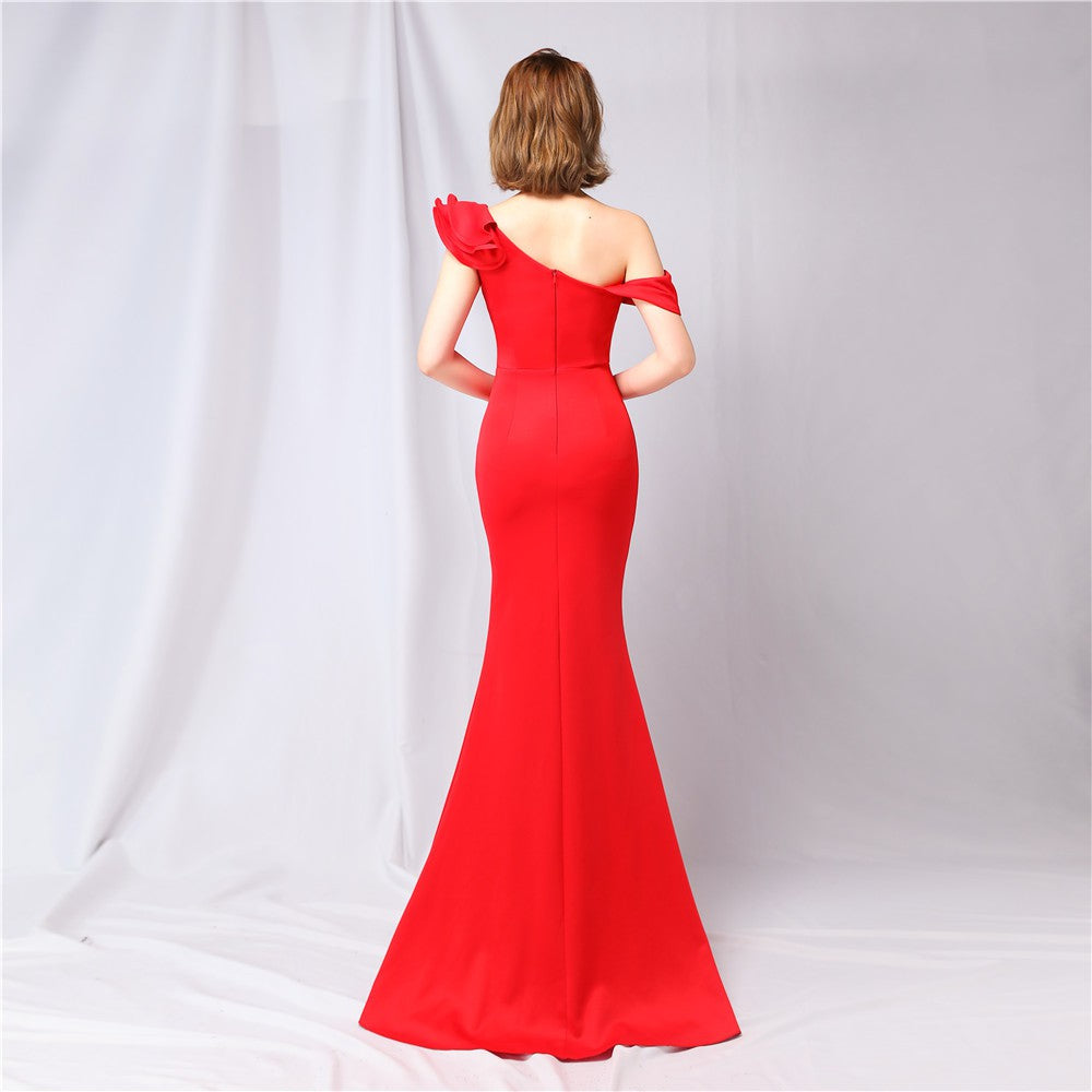 Evening Gown Dress Wedding Guest Floor Length Short Sleeve One Shoulder with Ruffles